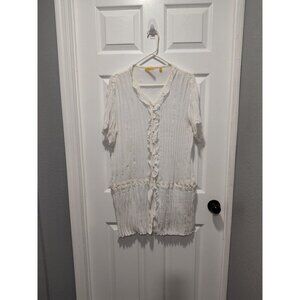 Vintage Lloyd Williams white accordion‎ pleat vneck puff sleeve blouse top XL